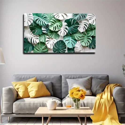 Green And White Leaf Design Wall Art Canvas Office Home Room Framed 120x60cm