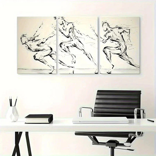 3pcs Dynamic Running Figures Black & White Line Metal Print Ready to Hang Art