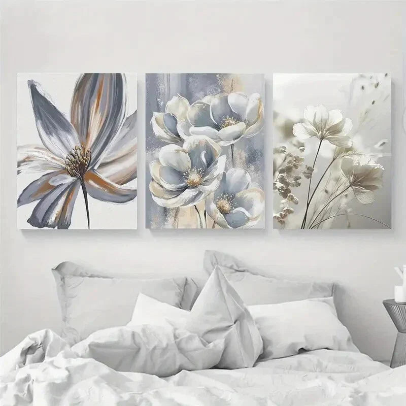 3pcs Minimalist Elegant White Flowers Design Metal Print Ready to Hang Art