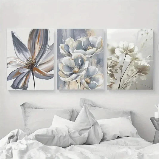 3pcs Minimalist Elegant White Flowers Design Metal Print Ready to Hang Art