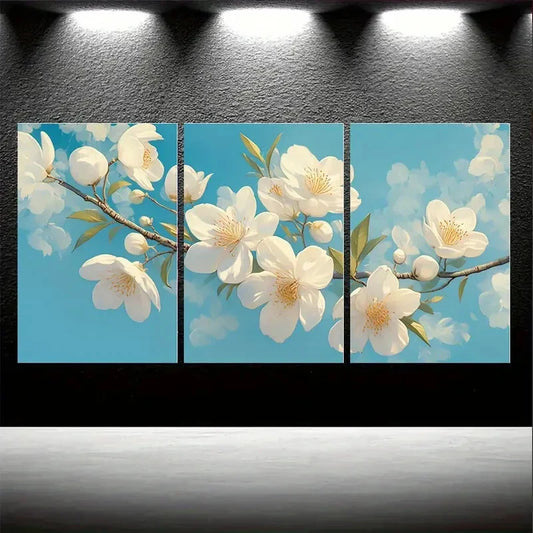 3pcs Apricot White Flowers & Green Leaves Metal Print Ready to Hang Art