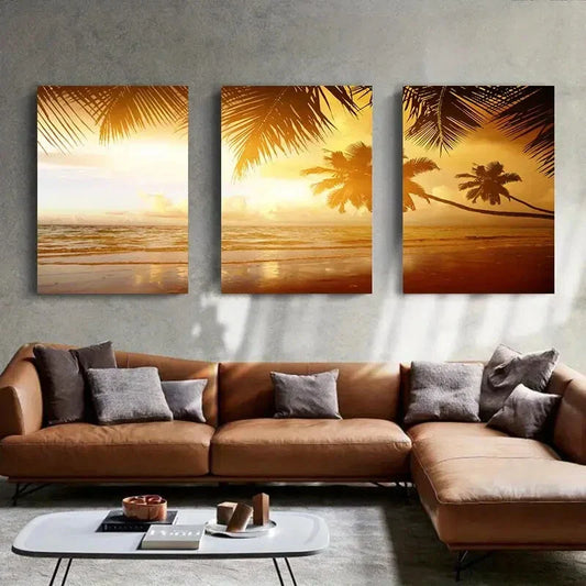 3pcs Sunset Palm Tree Tropical Beach Scene Metal Print Ready to Hang Art