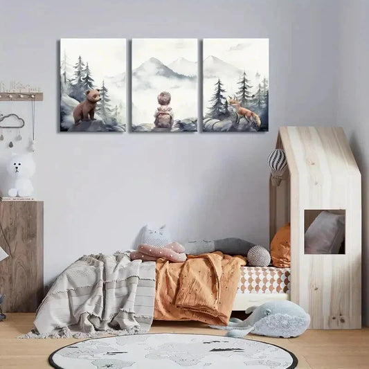 3pcs Boy Adventure Nursery Animals Bear & Fox   Metal Print Ready to Hang Art