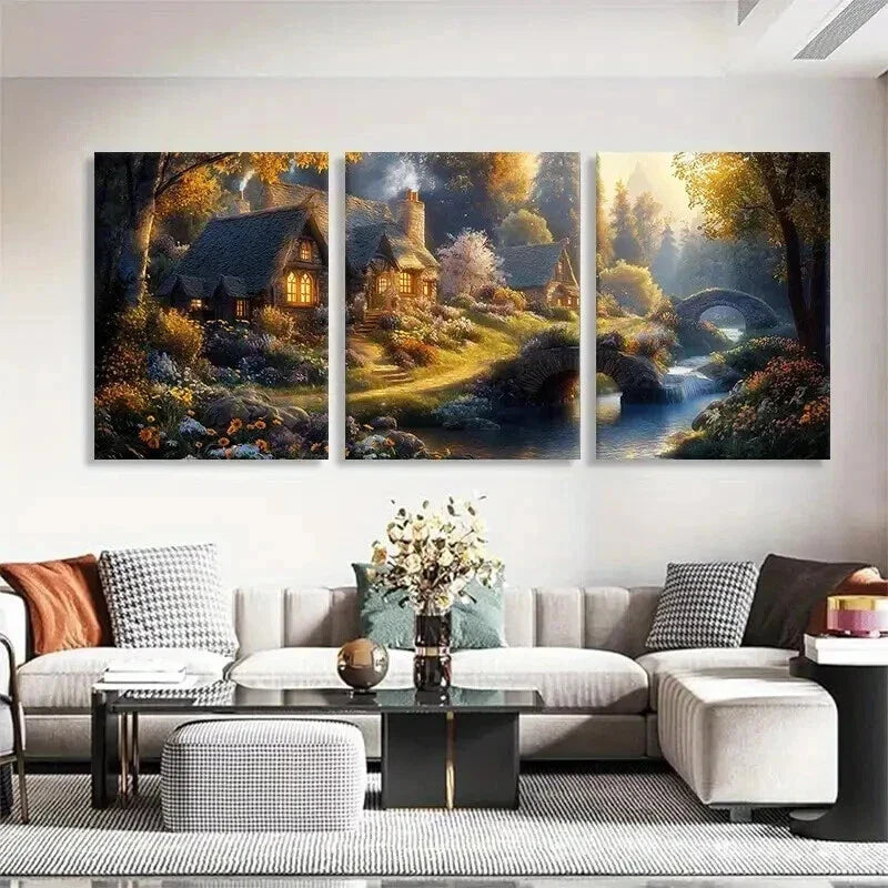 3pcs Enchanted Cottage Landscape Nature Perfect Wall Art Set Canvas Framed 40x60cm - High Quality Print 100% Australian Made Wall Canvas Ready to Hang