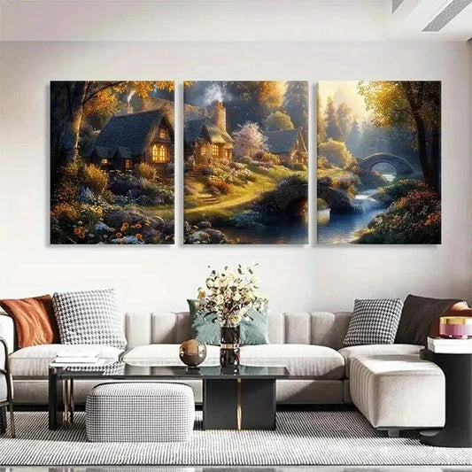 3pcs Enchanted Cottage Landscape Nature Perfect Wall Art Set Canvas Framed 40x60cm - High Quality Print 100% Australian Made Wall Canvas Ready to Hang