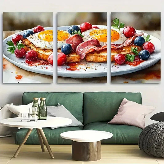 3pcs Colorful Bacon with Egg Breakfast Metal Print Ready to Hang Art