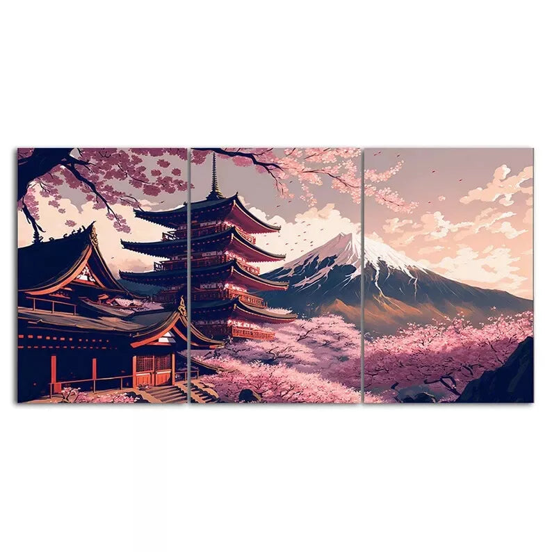 3 Piece Beautiful Mount Fuji Japanese Temple Canvas Framed 40x60cm - High Quality Print 100% Australian Made Wall Canvas Ready to Hang