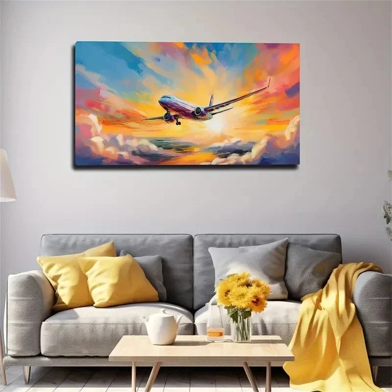 Airplane Sunset Sky Deco Wall Art Canvas Office Home Room Framed 120x60cm