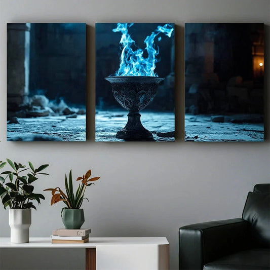 3pcs Blue Flame Cup Abstract Painting Metal Print Ready to Hang Art