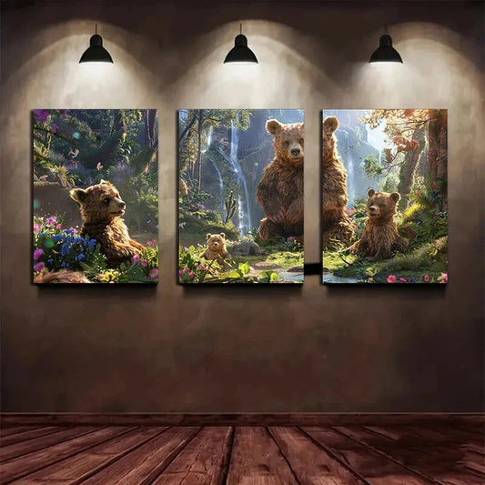 3pcs Creek Bear Nature Forest Metal Print Ready to Hang Art