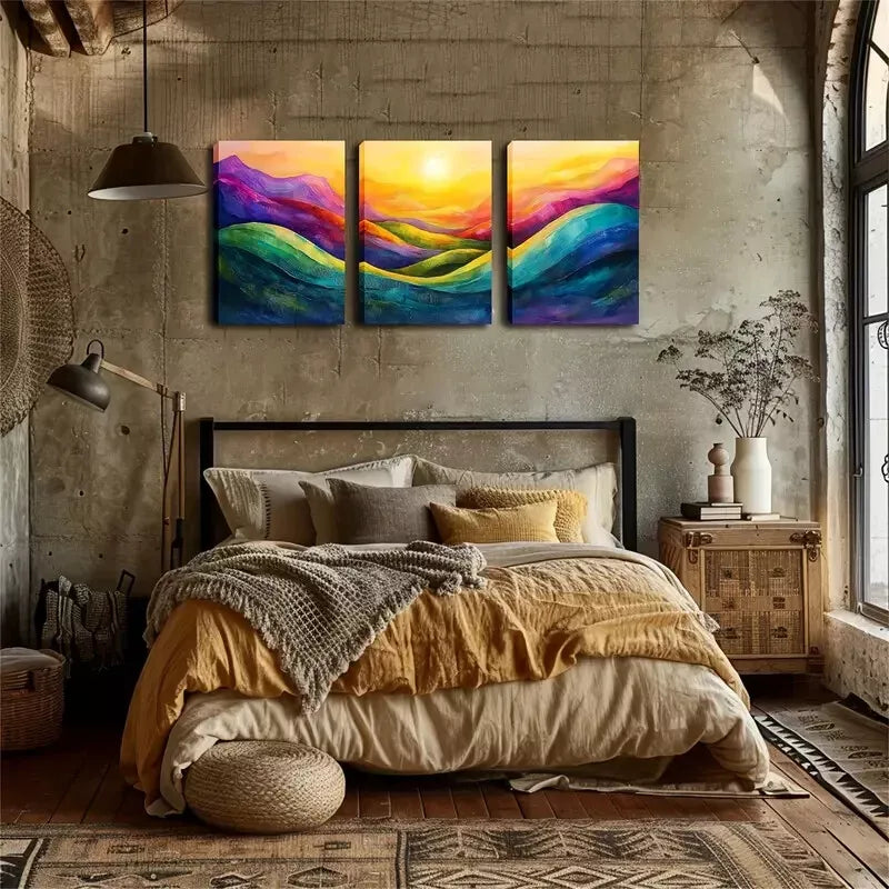 3pcs Abstract Mountain And Sunrise Wall Art Set Canvas Framed 40x60cm - High Quality Print 100% Australian Made Wall Canvas Ready to Hang