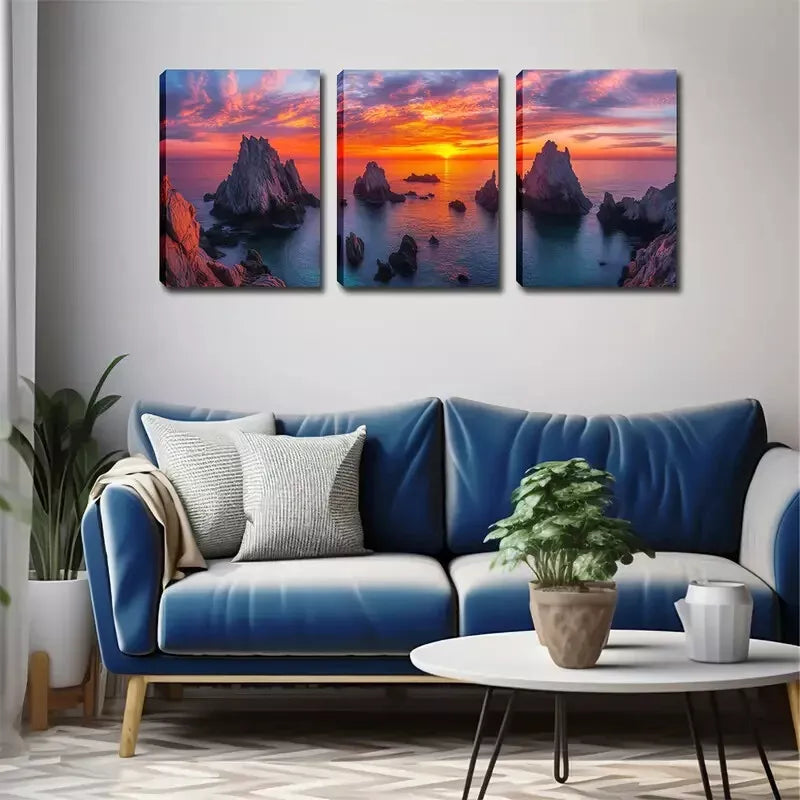 3pcs Serene Ocean & Rocks Landscape Wall Art Set Canvas Framed 40x60cm - High Quality Print 100% Australian Made Wall Canvas Ready to Hang