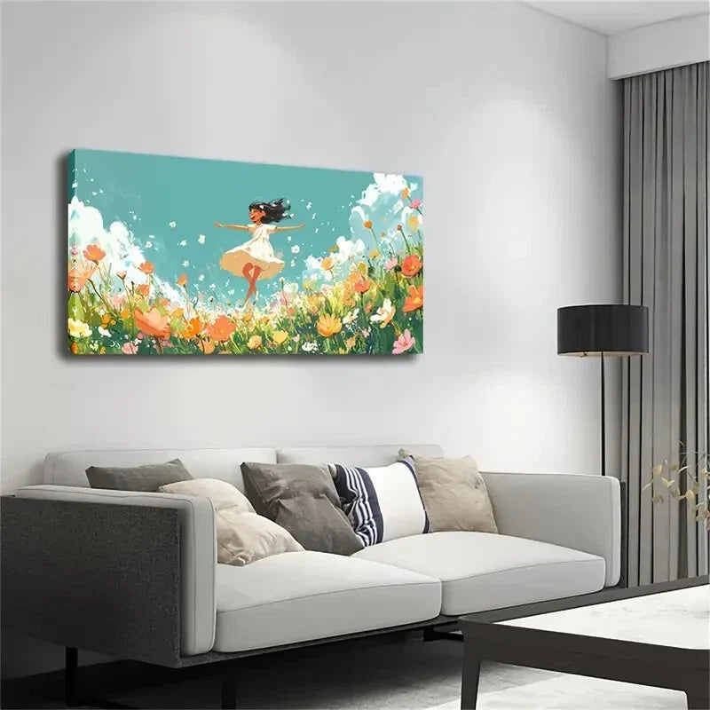 Girl Dancing Among Flower Wall Art Canvas Office Home Room Framed 120x60cm