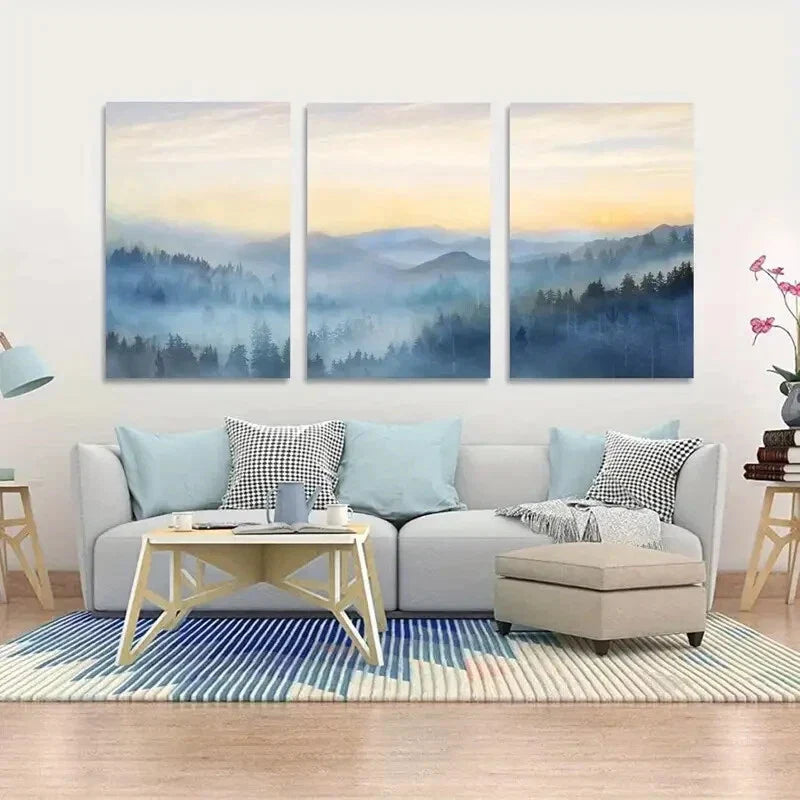 3pcs  Sunrise Fog Forest Forest Forest Metal Print Ready to Hang Art