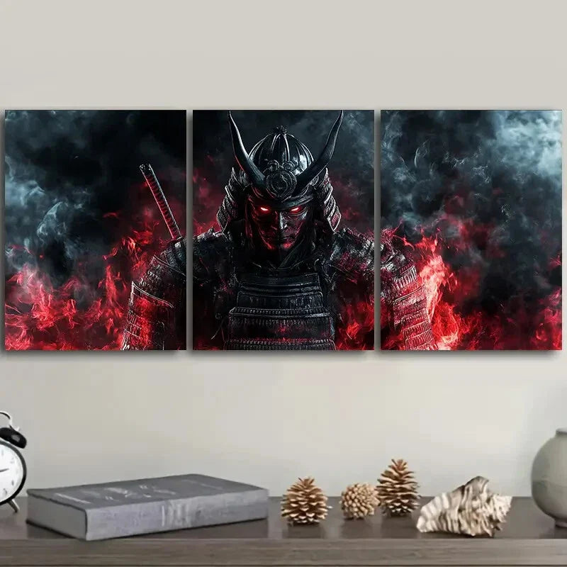 3pcs A crimson warrior with black horns Metal Print Ready to Hang Art