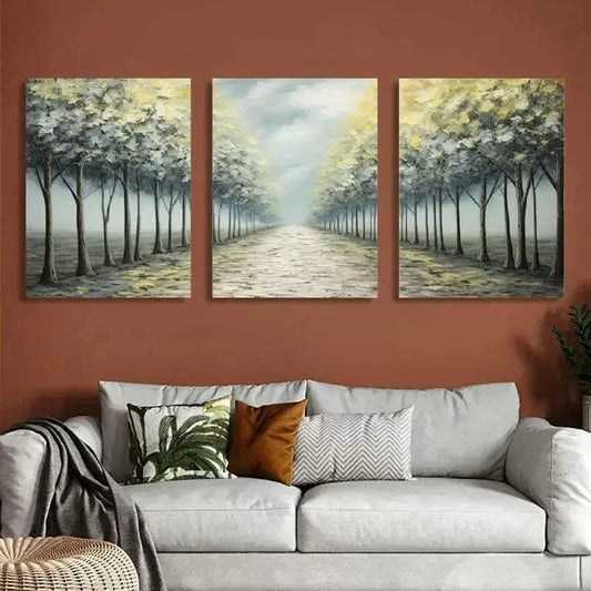 3pcs Tree Lined Path Landscape Canvas Wall Art Metal Print Ready to Hang Art