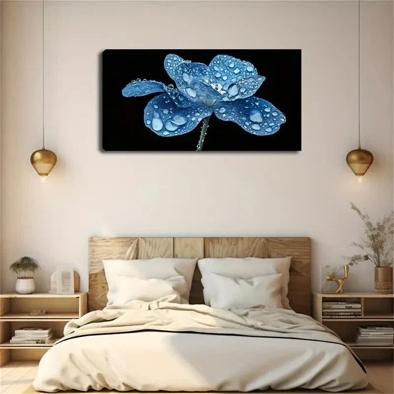 Blue Flowers Gable Droplets Wall Art Canvas Office Home Room Framed 120x60cm