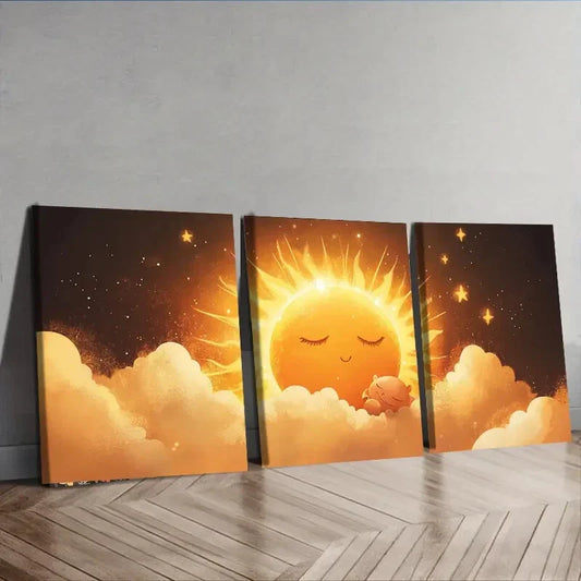 3pcs Whimsical Sun Nature Beauty Sun Shine Wall Art Set Canvas Framed 40x60cm - High Quality Print 100% Australian Made Wall Canvas Ready to Hang