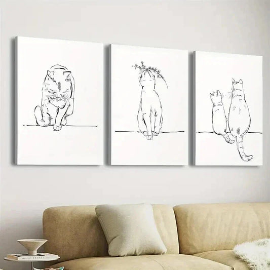 3pcs Black & White Cat Sketch Line Wall Art Set Canvas Framed 40x60cm - High Quality Print 100% Australian Made Wall Canvas Ready to Hang