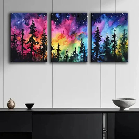 3pcs Colorful Night Sky Forest Painting Perfect Wall Art Set Canvas Framed 40x60cm - High Quality Print 100% Australian Made Wall Canvas Ready to Hang