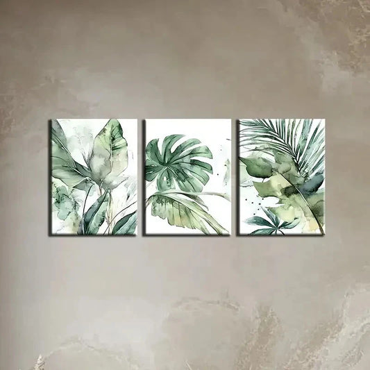 3pcs Abstract Elegant Green Plants Metal Print Ready to Hang Art