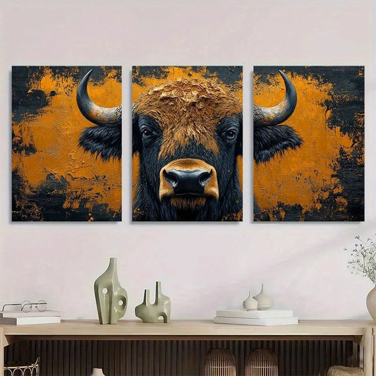 3pcs American Bison Buffalo Orange & Black Metal Print Ready to Hang Art