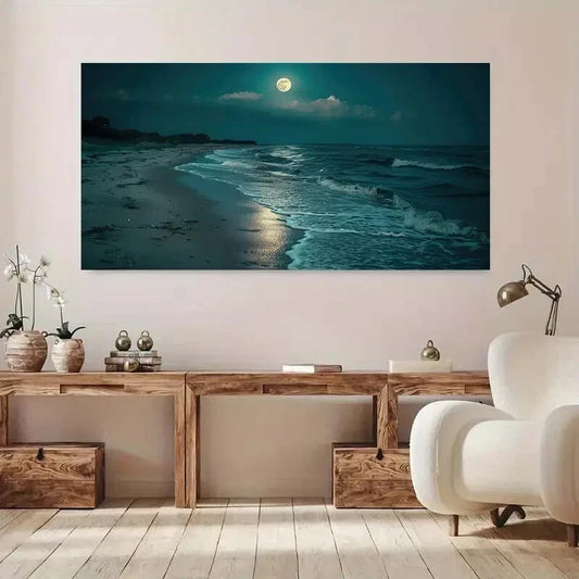 Moonlit Beach Coastal Charm Wall Art Canvas Office Home Room Framed 120x60cm