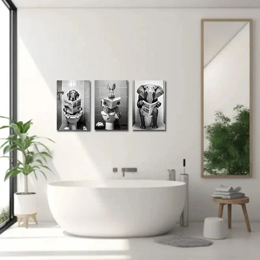 3pcs Dog, Elephant & Rabbit Sitting on Toilet  Metal Print Ready to Hang Art