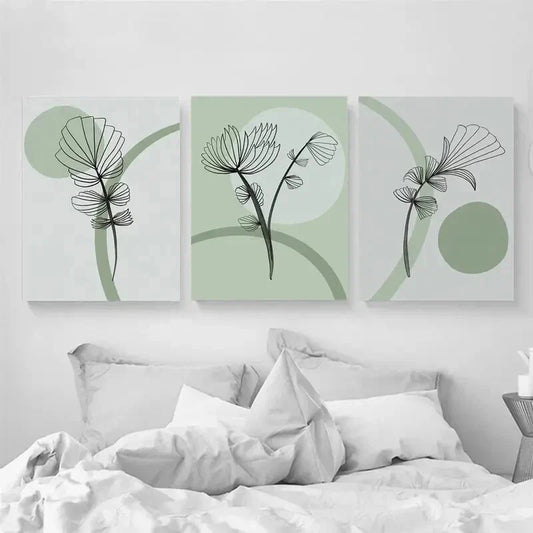 3pcs Green Botanical Line Art Design Metal Print Ready to Hang Art