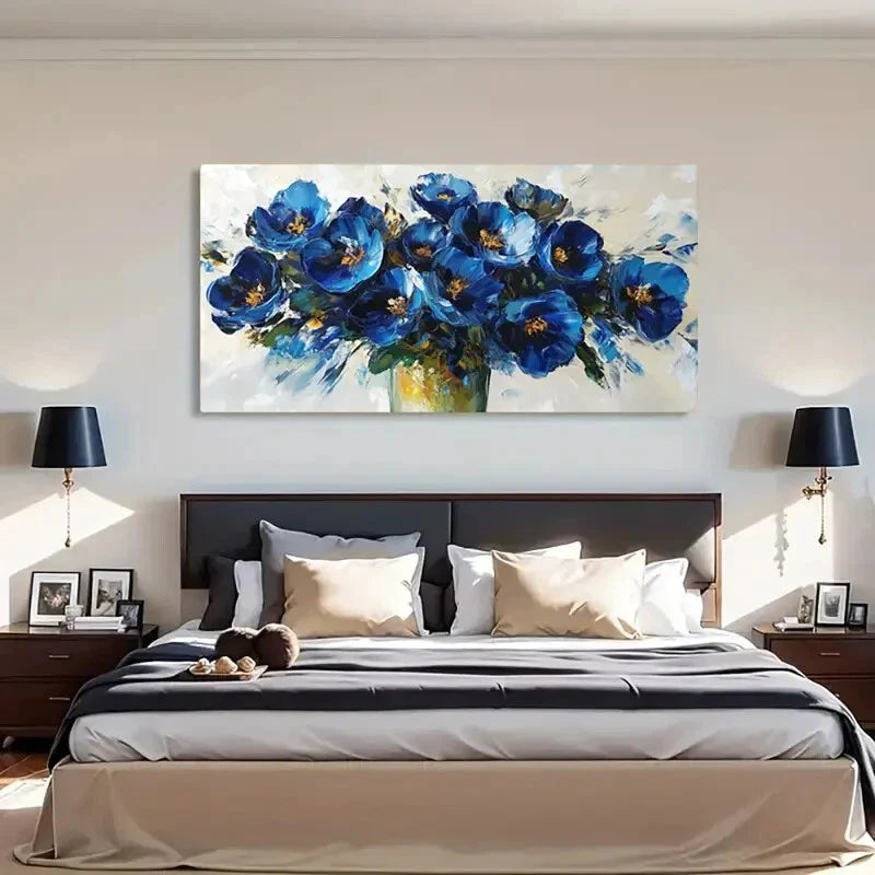 Elegant Blue Floral Golden Wall Art Canvas Office Home Room Framed 80x45cm