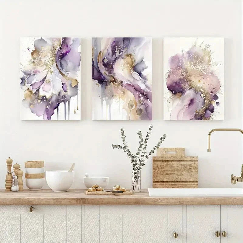 3pcs Purple And Golden Wall Decor Painting Metal Print Ready to Hang Art