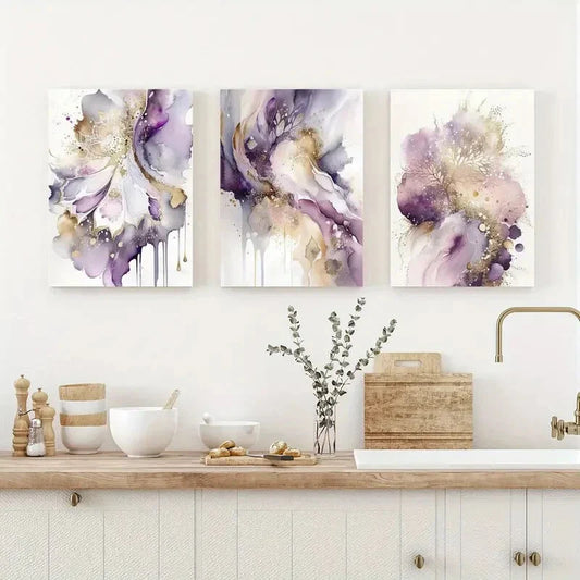 3pcs Purple And Golden Wall Decor Painting Metal Print Ready to Hang Art