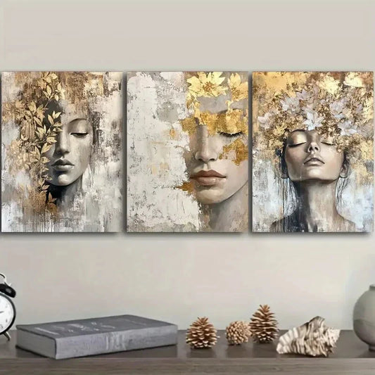 3pcs  Golden and gray girl Art Painting Metal Print Ready to Hang Art