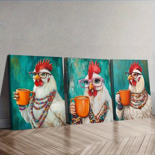 3pcs Hens Wear Glasses To Drink Water  Wall Art Set Canvas Framed 40x60cm - High Quality Print 100% Australian Made Wall Canvas Ready to Hang