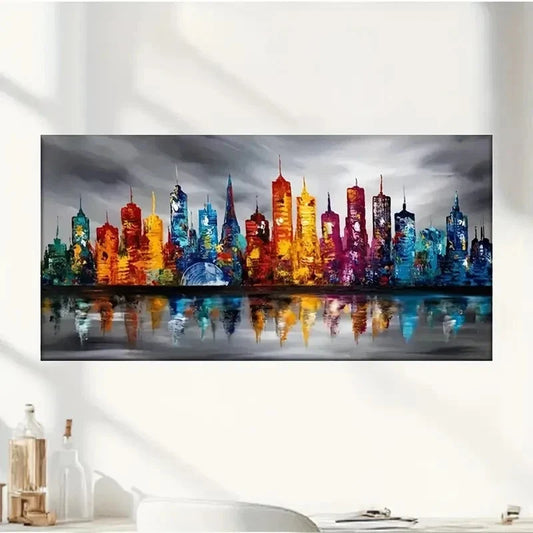A City Of Reflection Abstract Wall Art Canvas Office Home Room Framed 80x45cm