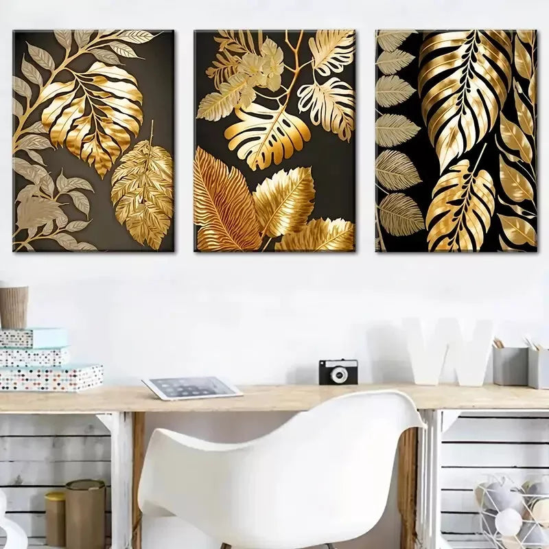 3pcs light luxury Golden leaves and flowers Wall Art Set Canvas Framed 40x60cm - High Quality Print 100% Australian Made Wall Canvas Ready to Hang