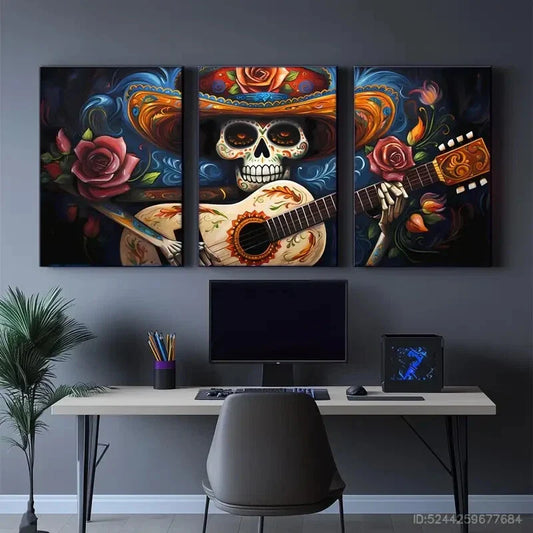 3pcs Skull Playing Guitar Floral Style Art Poster Metal Print Ready to Hang Art