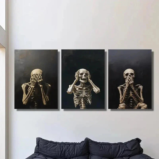 3pcs Golden-Hued Skeletons in Various Poses  Wall Art Set Canvas Framed 40x60cm - High Quality Print 100% Australian Made Wall Canvas Ready to Hang