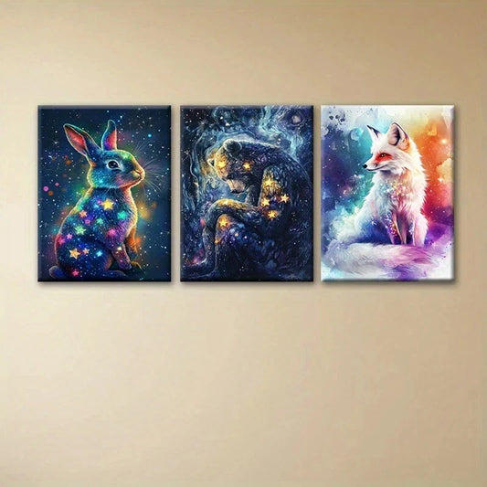 3pcs Starry Night Animal Galactic Rabbit Bear Metal Print Ready to Hang Art