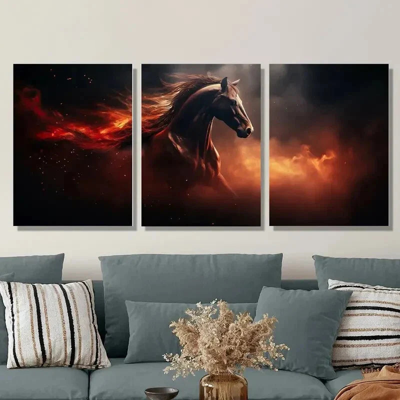 3pcs Horse running in flames, animal theme, Metal Print Ready to Hang Art