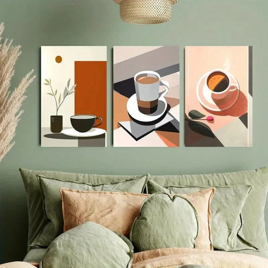 3pcs Minimalist Coffee Cup and Time Design Metal Print Ready to Hang Art