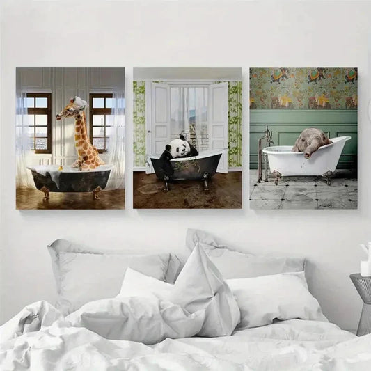 3pcs Giraffe, Panda & Elephant in Bathtubs Metal Print Ready to Hang Art