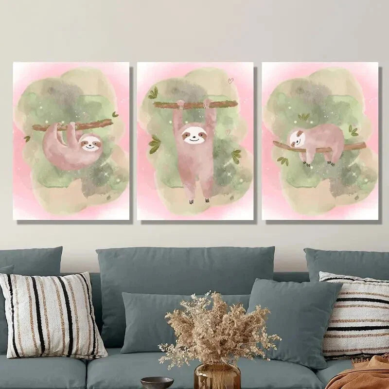 3pcs Pink Sloth Baby Watercolor Paintings, Metal Print Ready to Hang Art