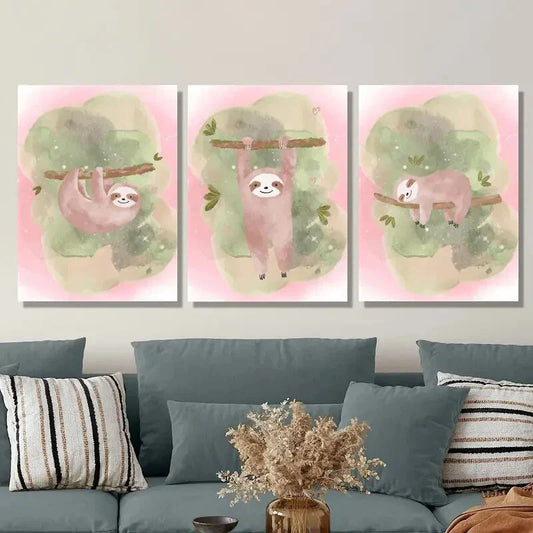 3pcs Pink Sloth Baby Watercolor Paintings, Metal Print Ready to Hang Art