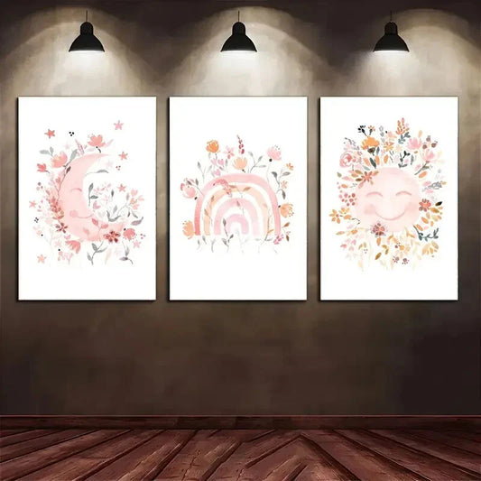 3pcs Sun Moon And Rainbow Minimalistic Poster Metal Print Ready to Hang Art