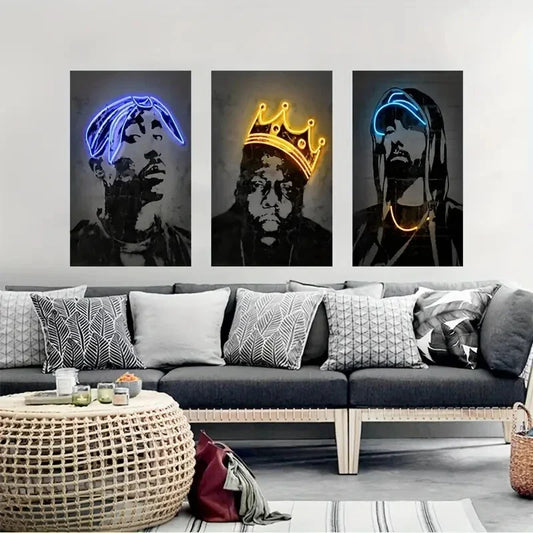 3pcs Vibrant Neon Skulls & Crown Designs Metal Print Ready to Hang Art