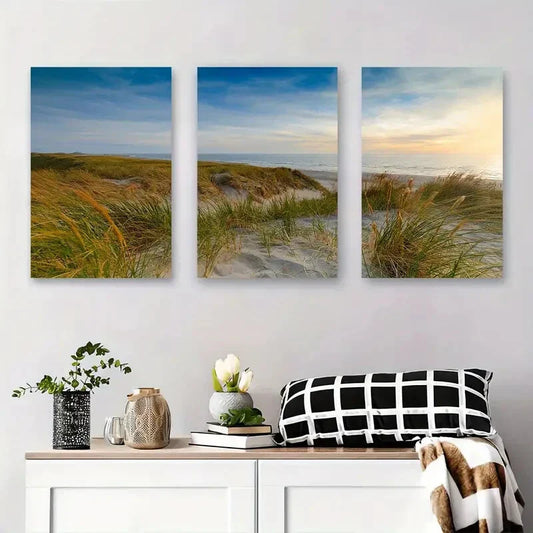 3pcs Tranquil Beach Grass Landscape Serene Metal Print Ready to Hang Art