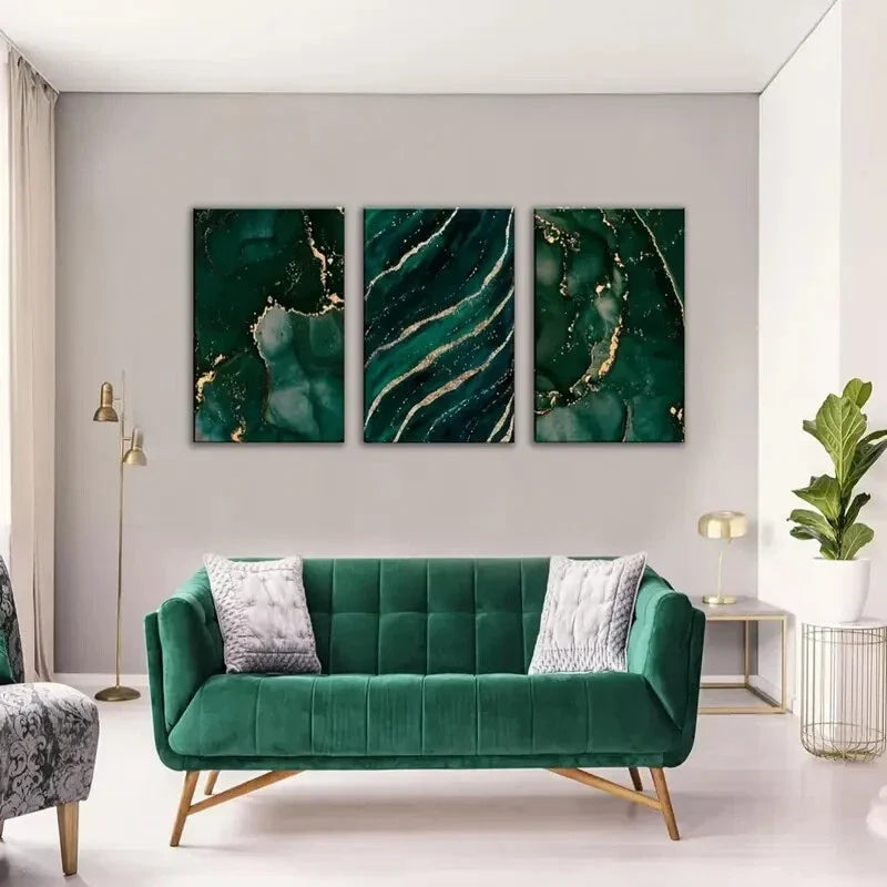 3pcs Green and Golden Abstract Marble Metal Print Ready to Hang Art