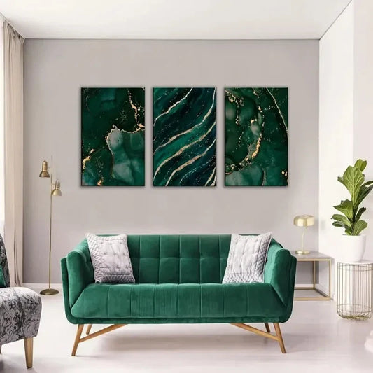 3pcs Green and Golden Abstract Marble Metal Print Ready to Hang Art