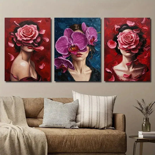 3pcs Colorful Botanical Floral Girl Female Art Metal Print Ready to Hang Art